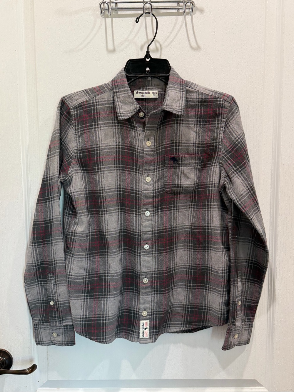 abercrombie kids Gray Plaid Long Sleeve Button-Up Shirt with Red Accents
